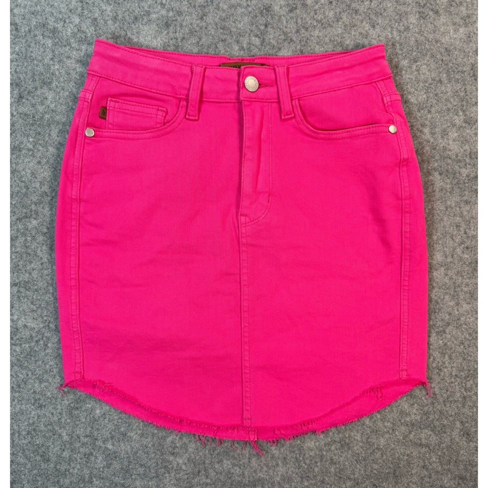Judy Blue Hot Pink Garment Dyed Denim Mini Skirt Raw Hem Womens Size S